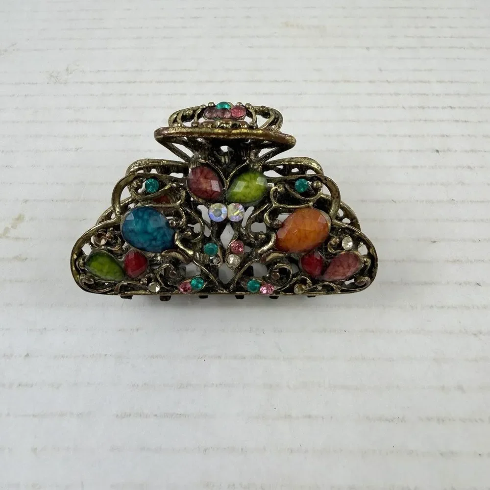 Vintage Gold Tone Metal Jeweled Rhinestones Hair Clip Claw
